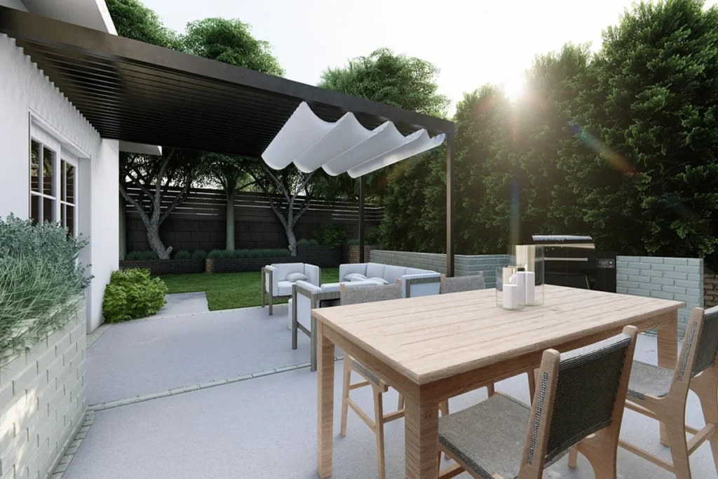 Backyard rendering with warm white house and green plants