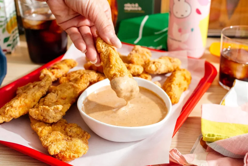 Hand dipping chicken finger in pink Cane's sauce