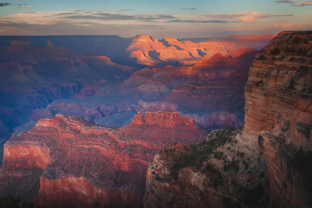 Grand Canyon panoramic view at golden hour from South Rim