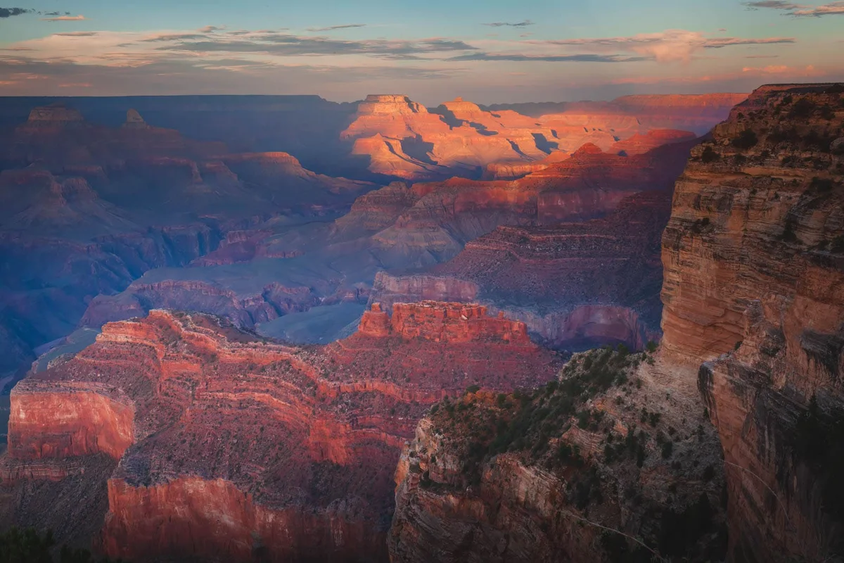 Grand Canyon panoramic view at golden hour from South Rim