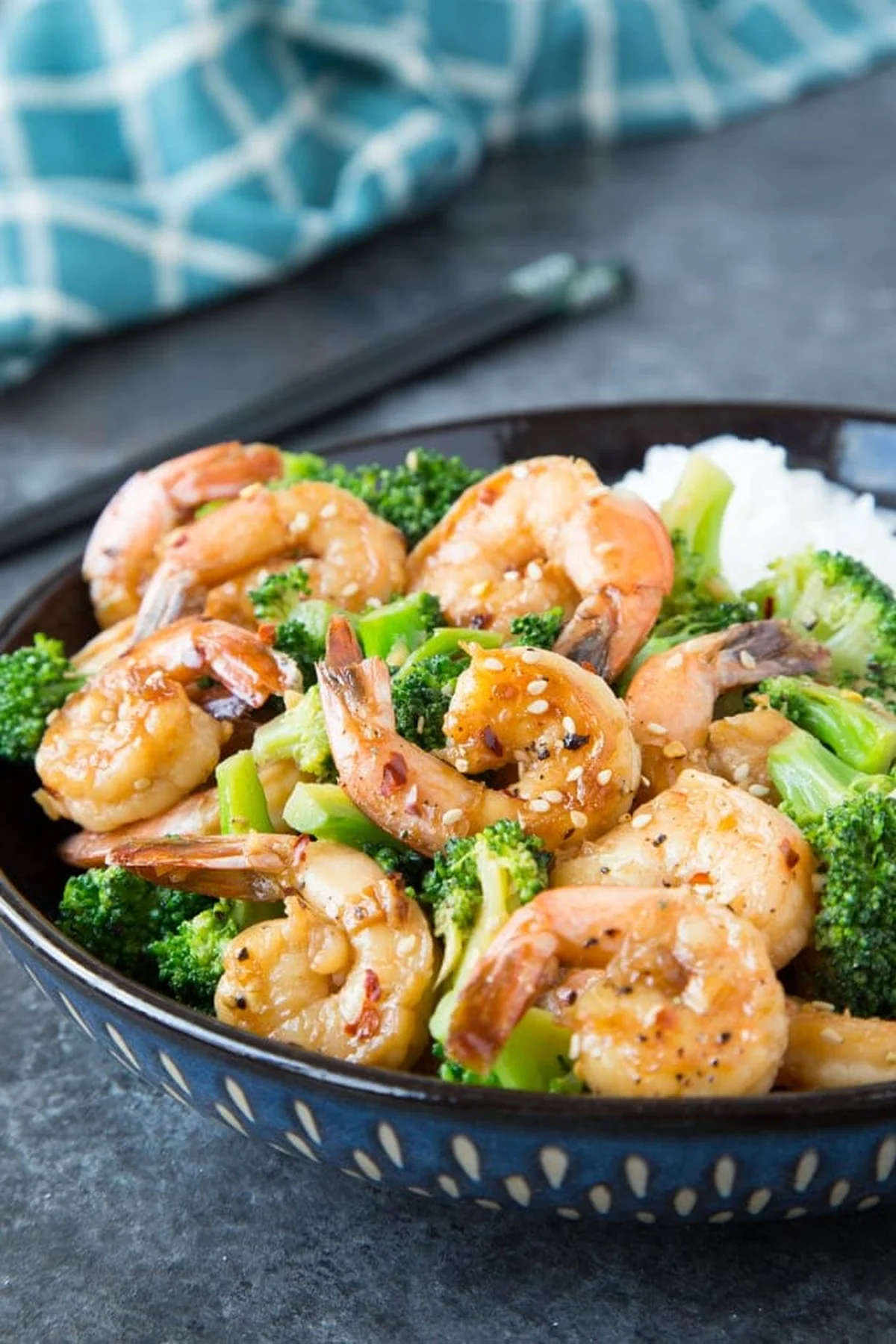 Honey garlic shrimp with broccoli in a skillet