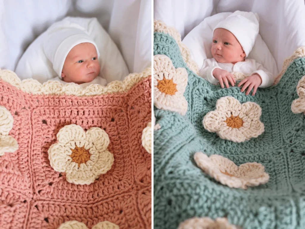 Two finished chunky crochet baby blankets with 3D flower squares