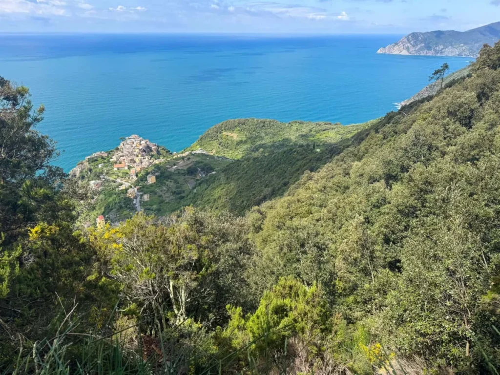 Ridge view above Volastra with Cinque Terre village and sea