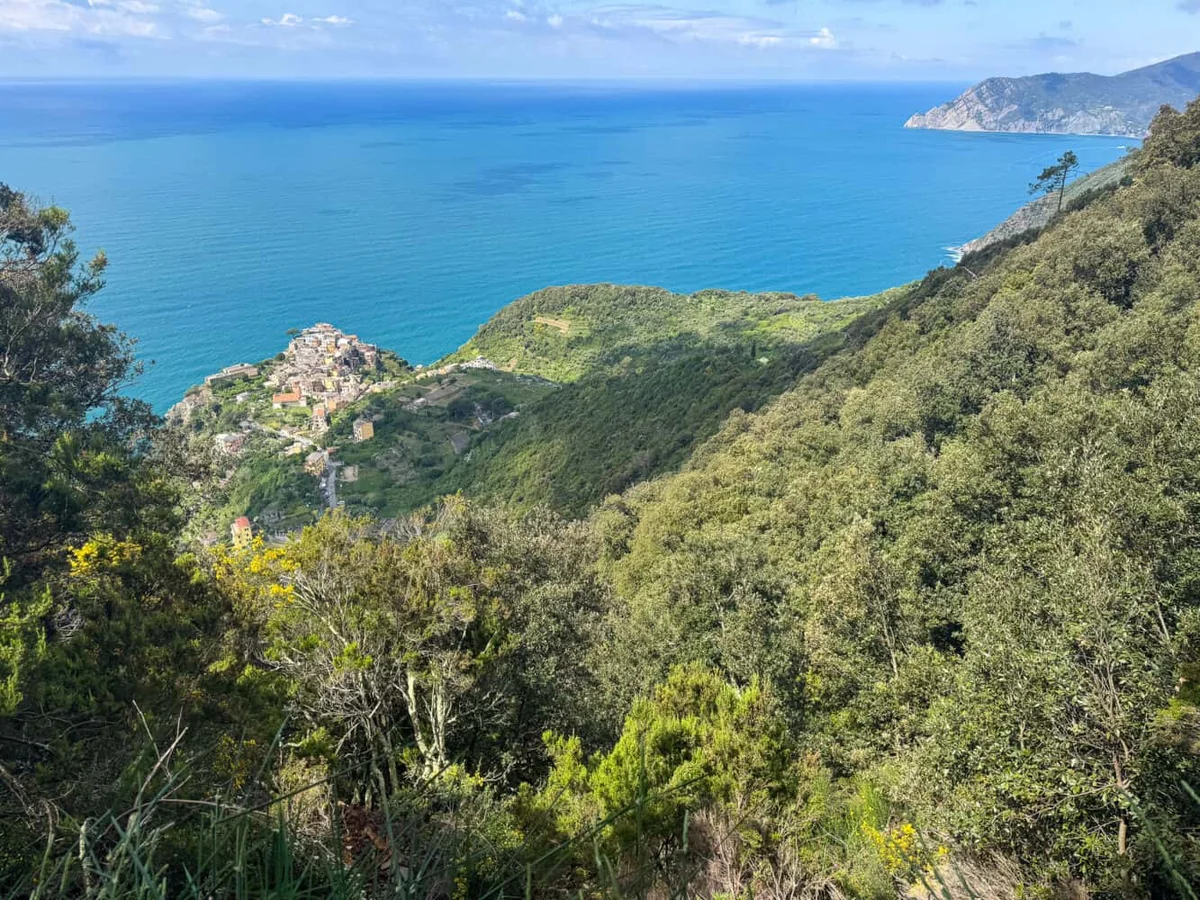 Ridge view above Volastra with Cinque Terre village and sea