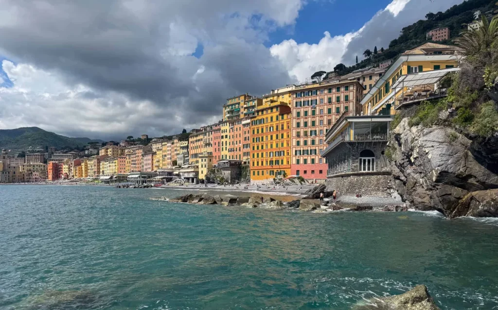 Hotel Cenobio dei Dogi overlooking Camogli, Italy seafront at dusk