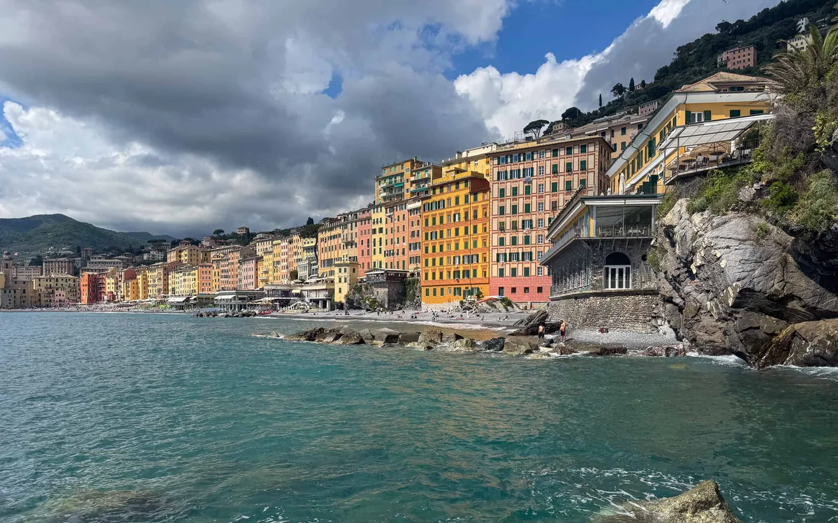 Hotel Cenobio dei Dogi overlooking Camogli, Italy seafront at dusk