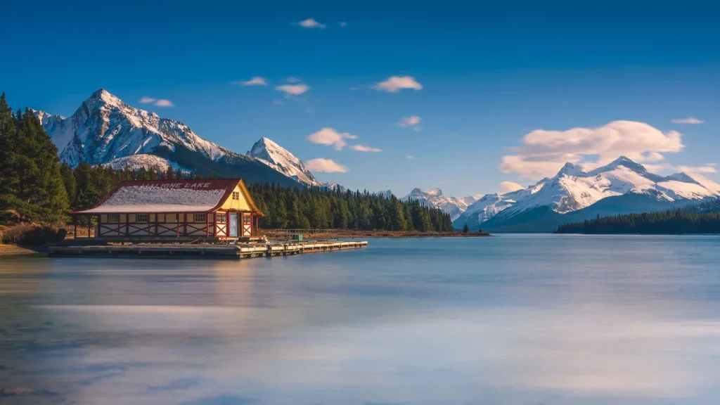 Maligne Lake boat house surrounded by snow-capped Canadian Rockies mountains