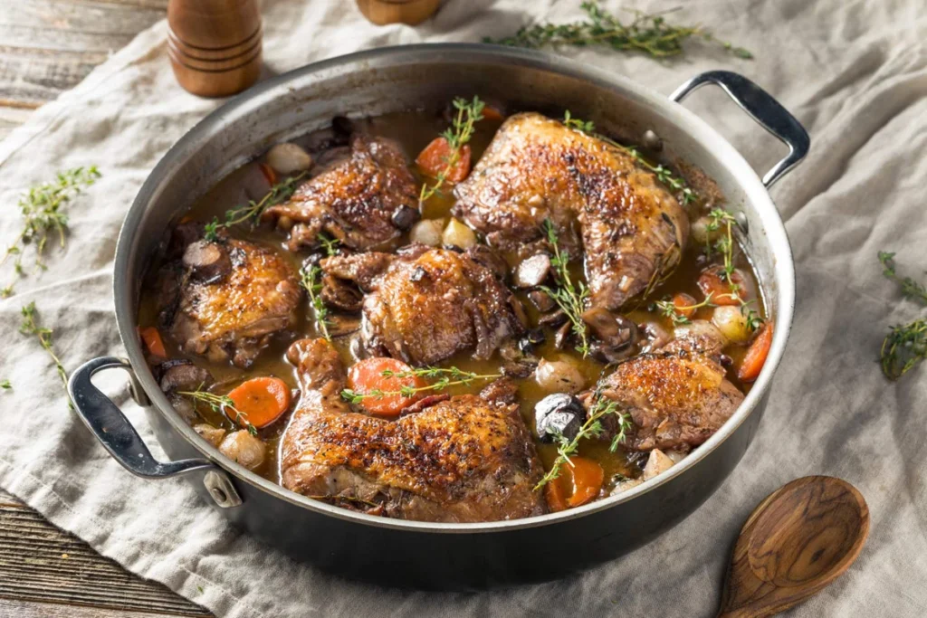 Traditional French food spread on a rustic table