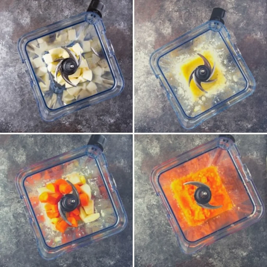 Four-panel collage showing blender juicing process steps