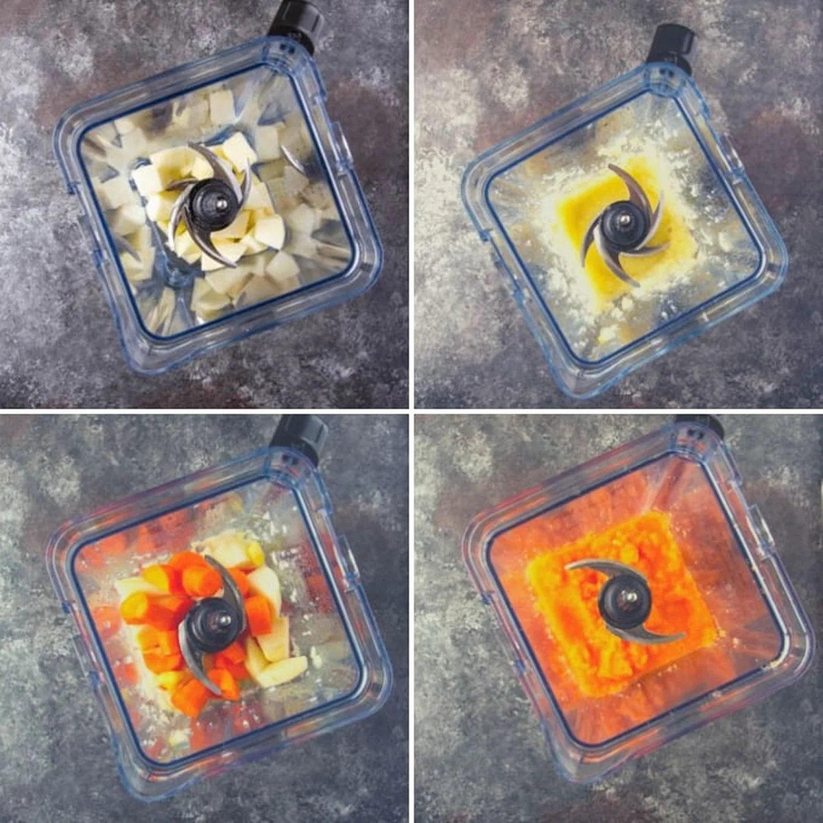 Four-panel collage showing blender juicing process steps
