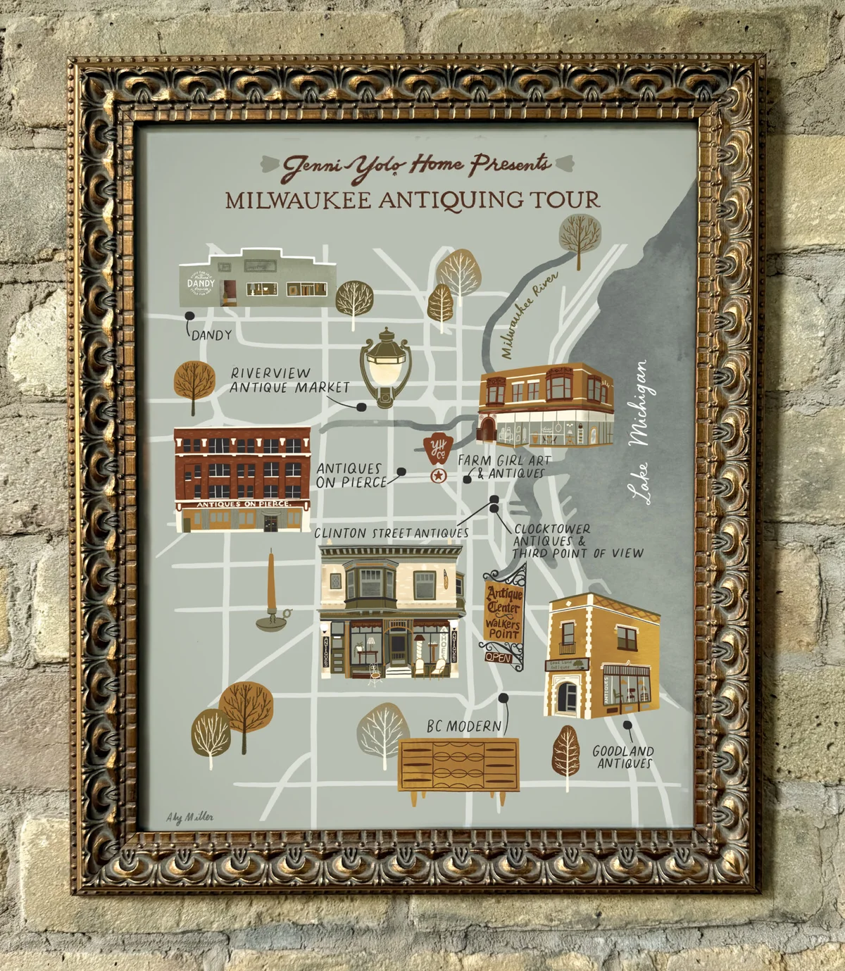 Section of the Milwaukee antiquing tour map showing shop locations