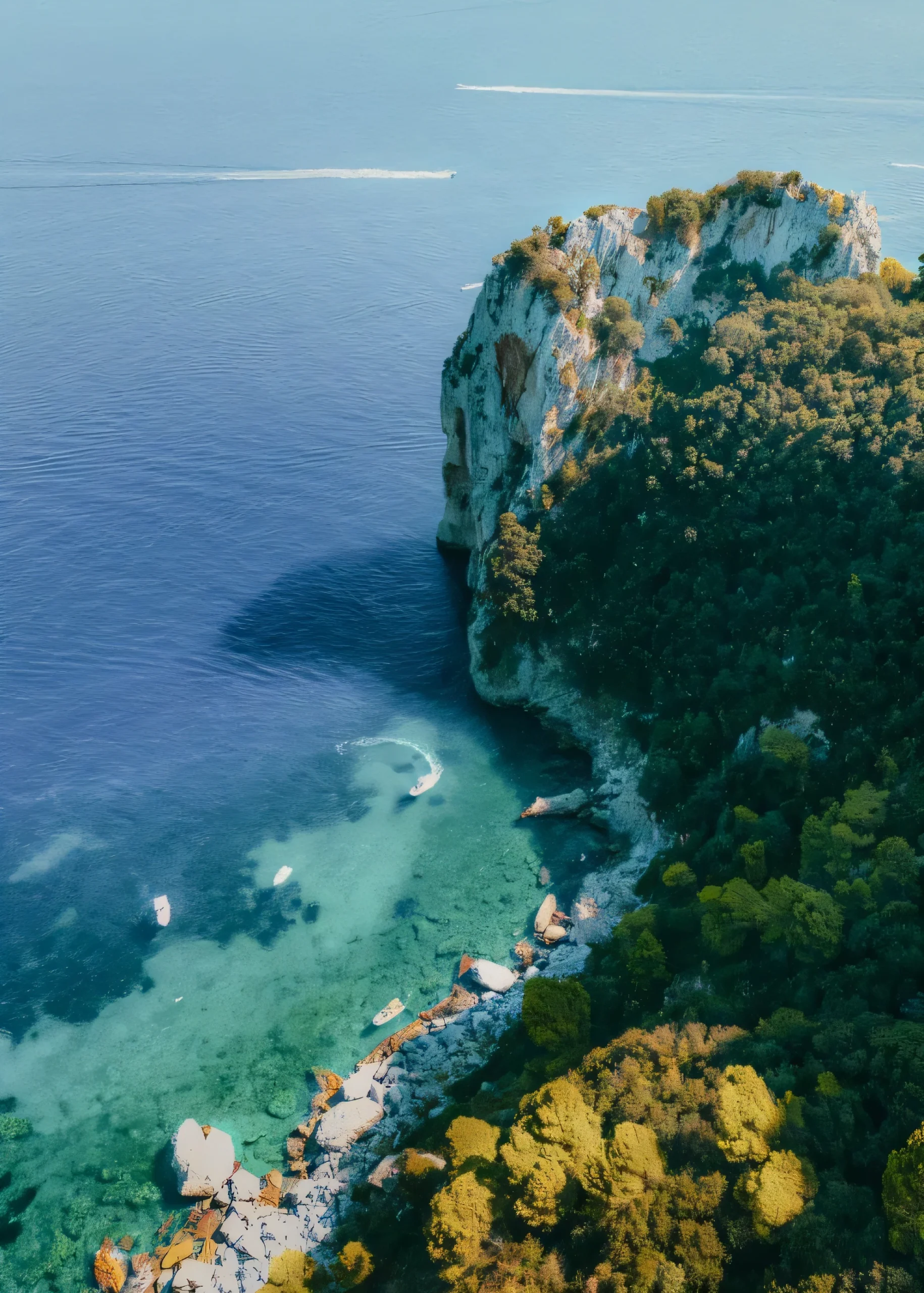 Forested Capri headland above a turquoise cove with anchored boats