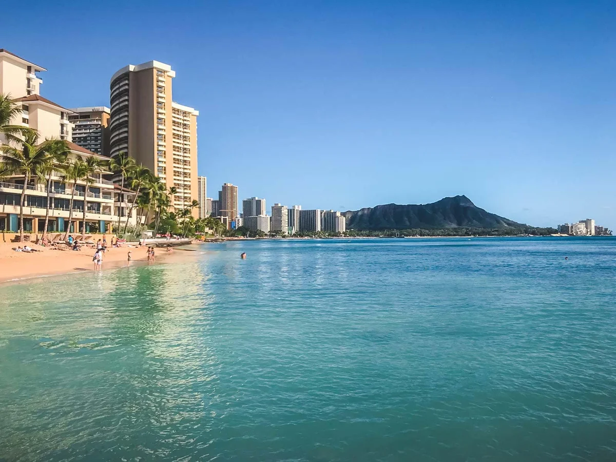 Oahu's Waikiki beach and Diamond Head from shore.