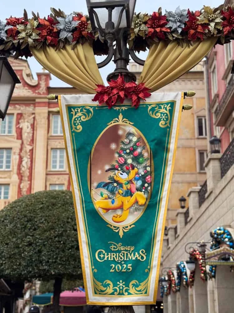 Christmas banner, wreath, and decorated trees at the park entrance