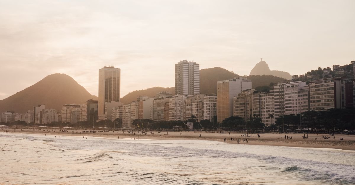 Sunset view of Copacabana Beach and cityscape Rio