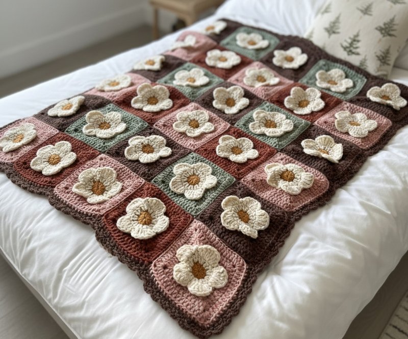 Finished chunky crochet baby blanket folded with floral texture