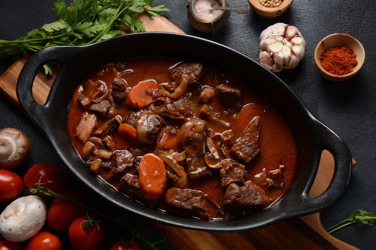 Boeuf Bourguignon beef stew in a ceramic bowl