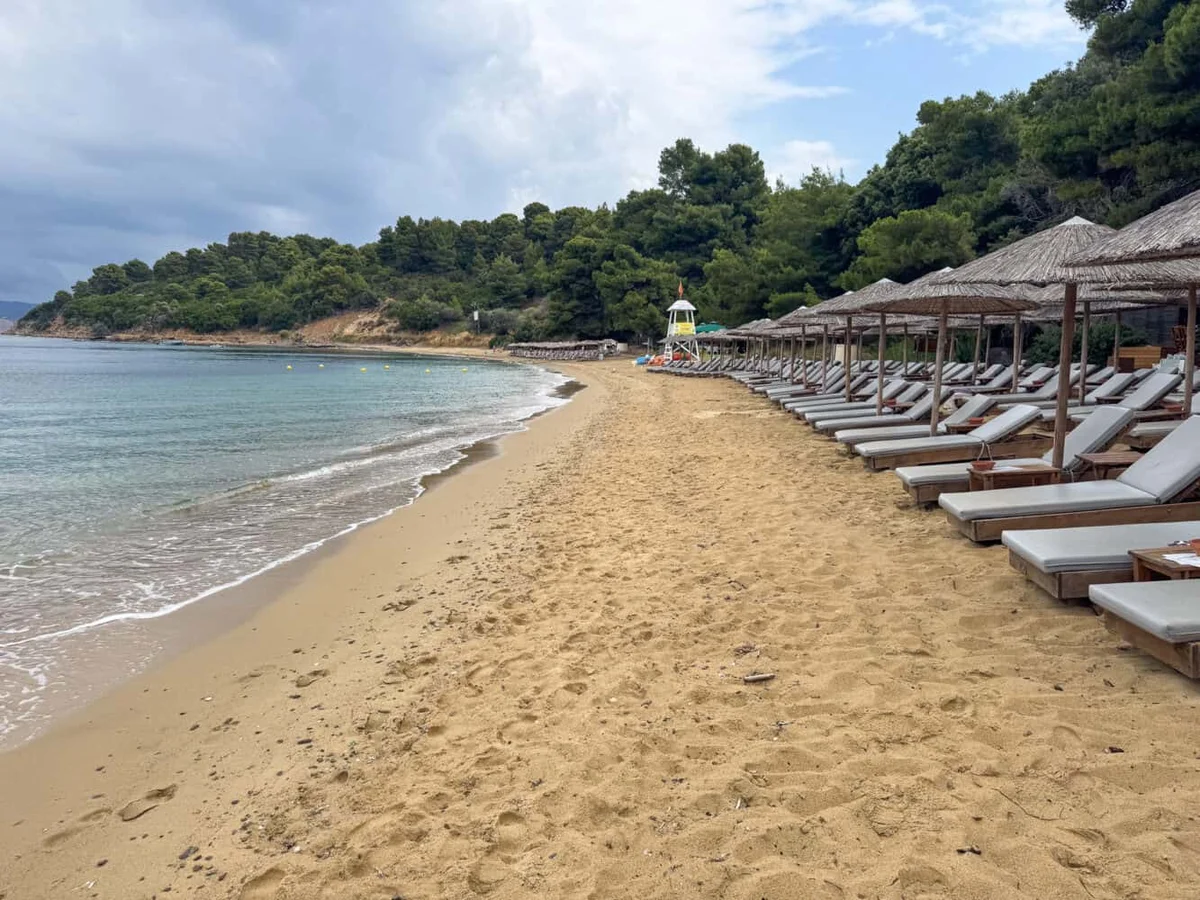 Agia Eleni sandy bay at sunset