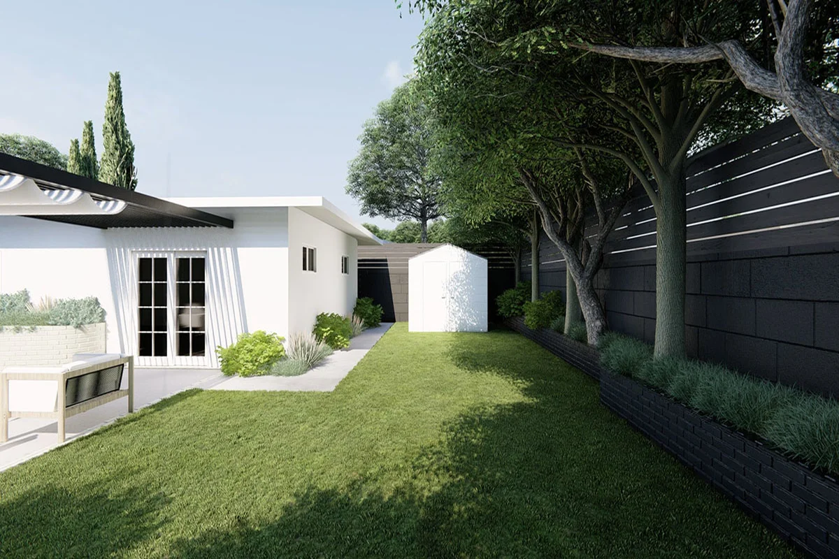 Pergola rendering over shaded backyard seating area
