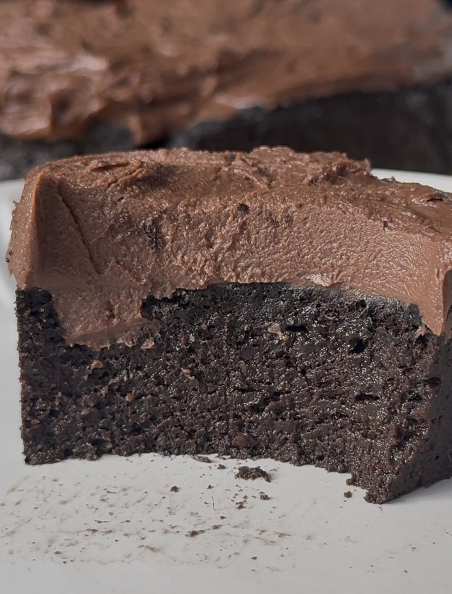 Close-up of dense fudgy chocolate cake interior texture