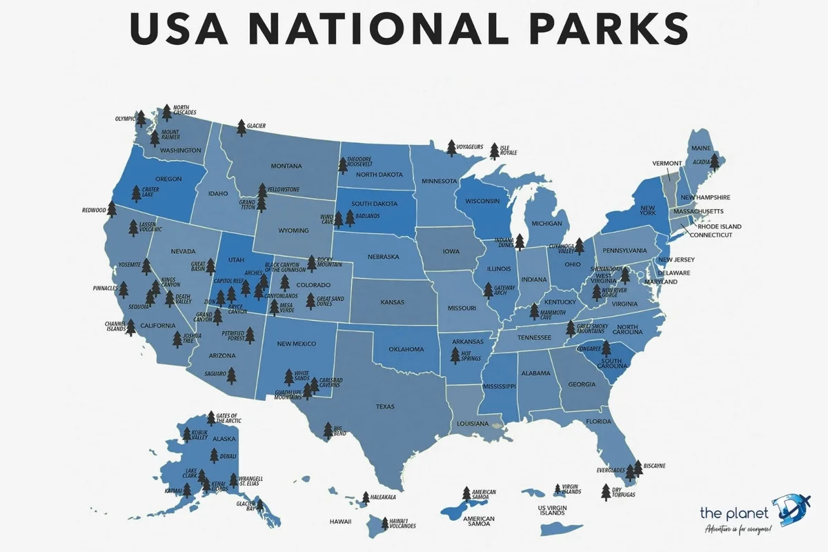 Map showing locations of best US national parks across the country