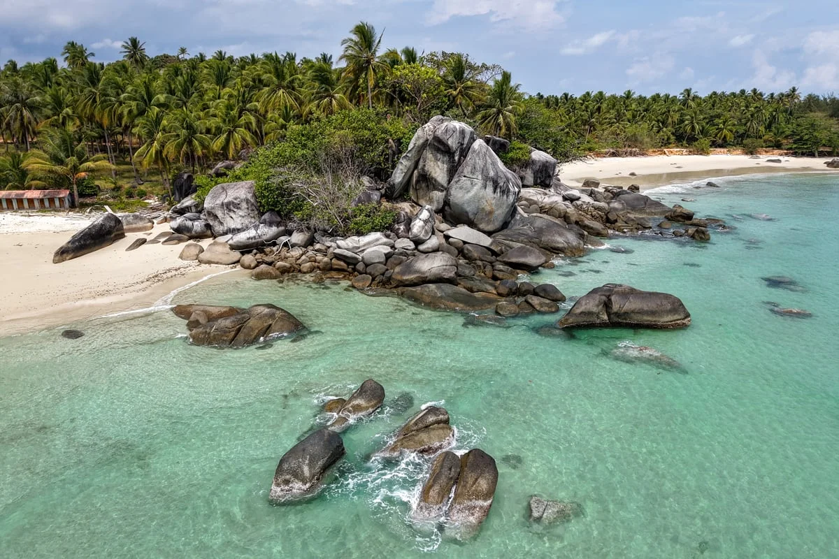 Aerial view of Bangka Island white sand beach and turquoise water