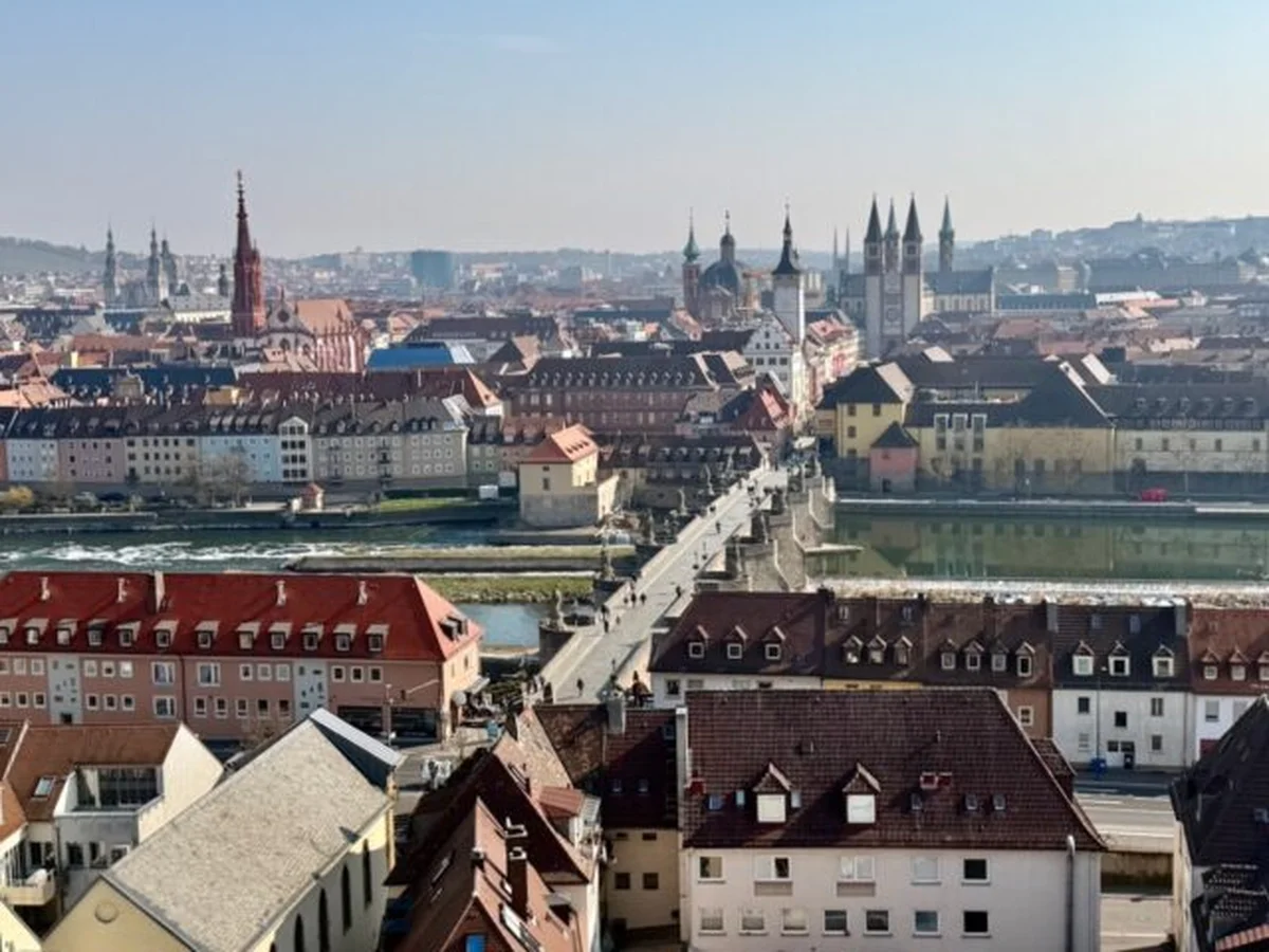 Würzburg old town at dusk with river and spires