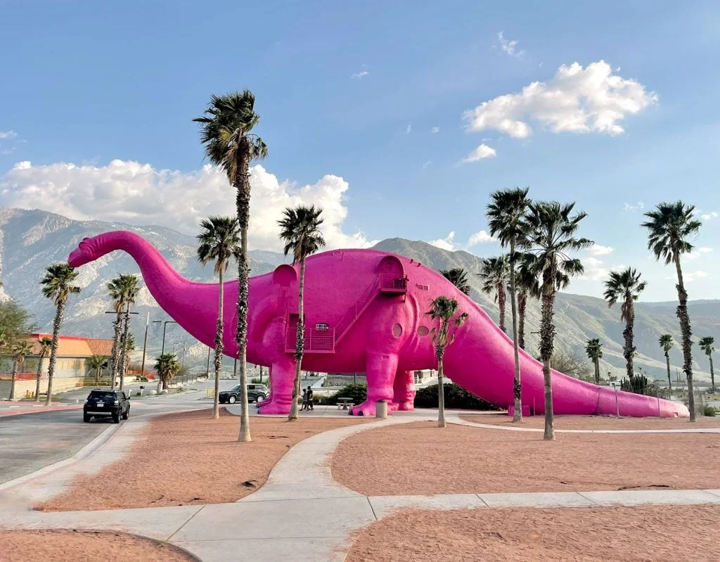 Pink Cabazon dinosaur sculpture in the Palm Springs desert
