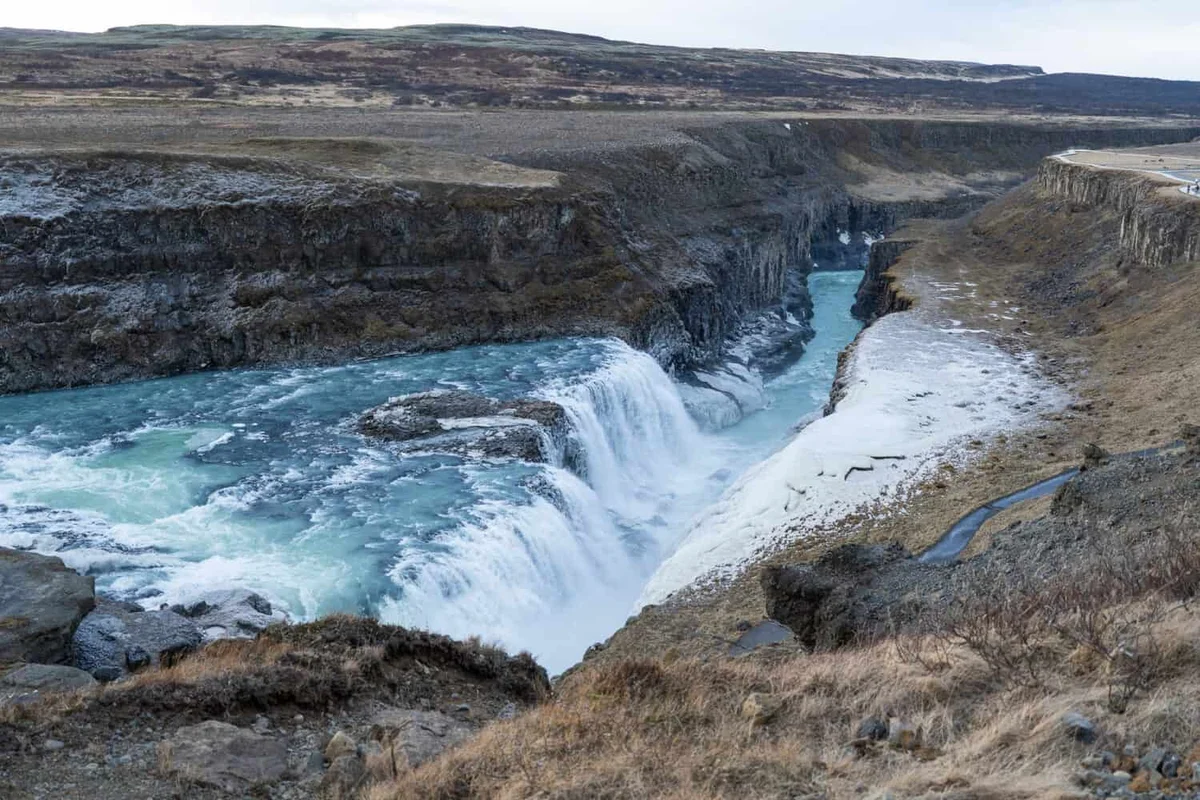 Gulfoss waterfall cascading into a deep river gorge in winter