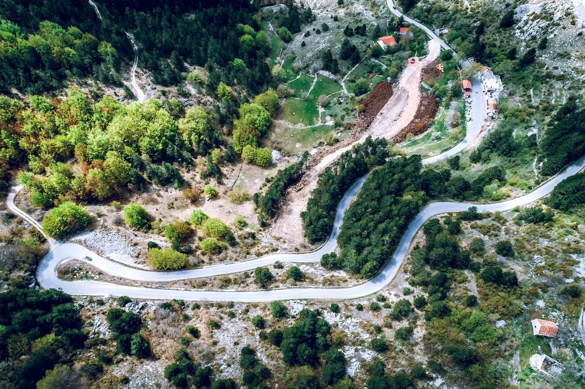 Serpentine mountain road winding through Montenegrin hills