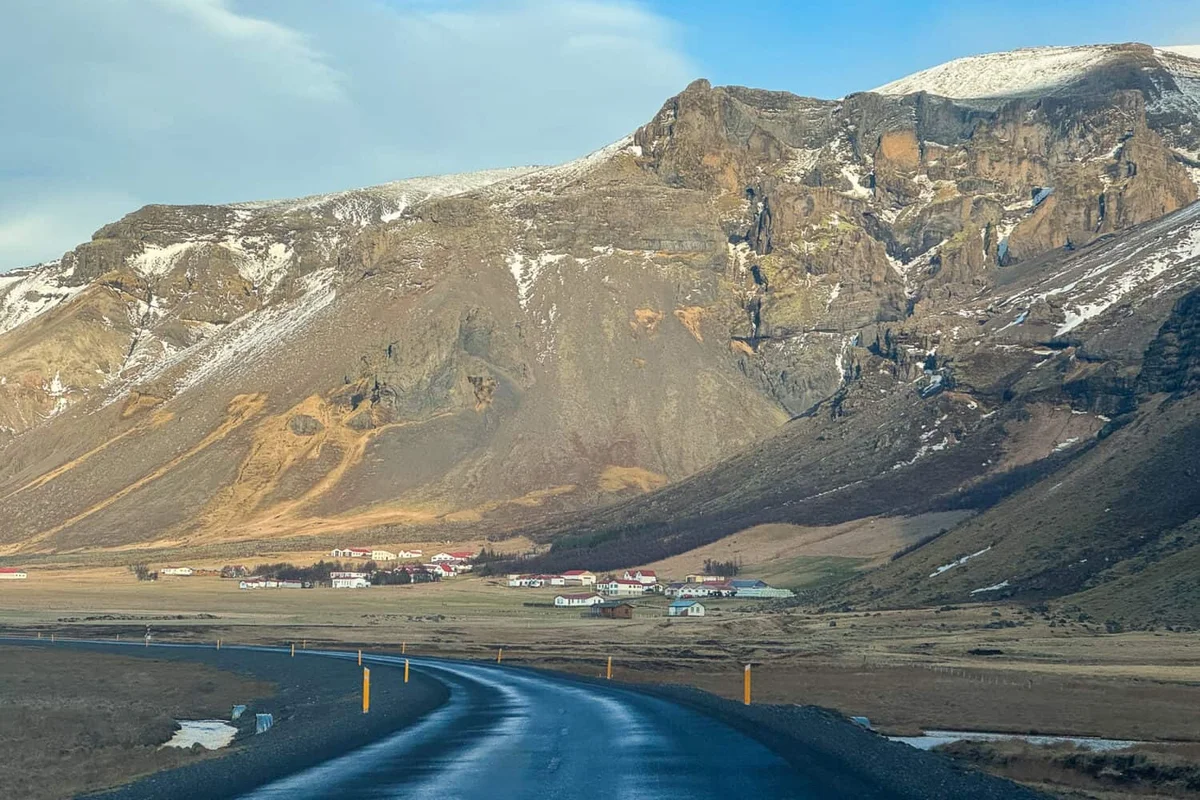 Snow-covered Icelandic mountain landscape on the south coast